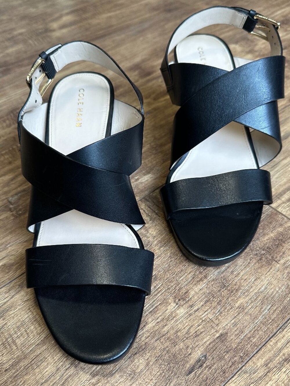 Cole Haan Black Leather Penelope Wedge Sandal Women's size 8.5B NWOT